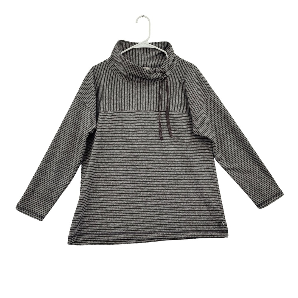 Talbots Women Athleisure Gorp Cozy Funnel Neck Pullover Sweatshirt L Gray Stripe